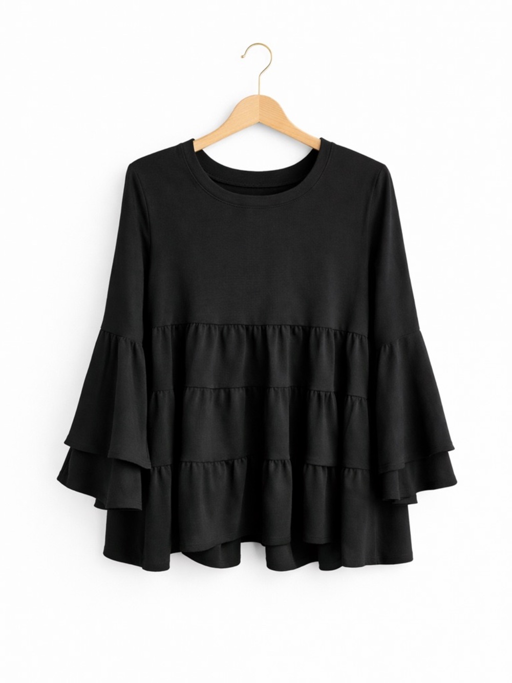 Zenana Black Tiered Babydoll Blouse Bell Sleeve Top Small - Picture 4 of 8